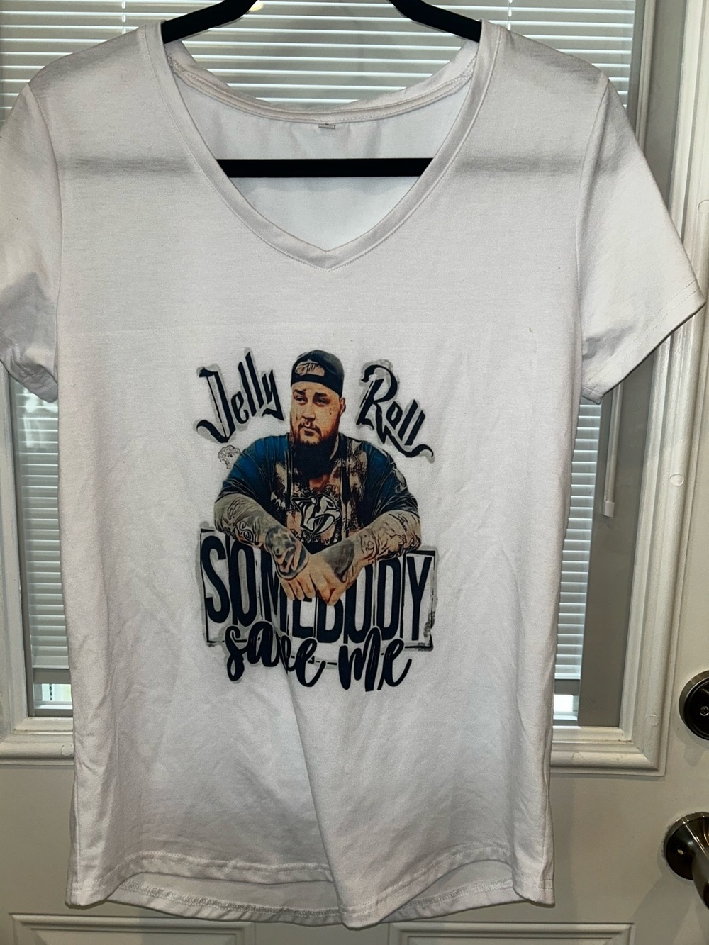 White Graphic V-Neck Shirt - Featuring “Jellyroll” Somebody Save Me